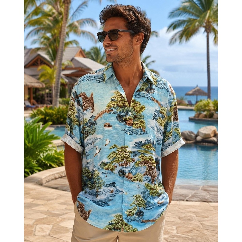 Ralph Lauren Shirt Mens Big 3XLT Blue Scenic Eagle Print Button Up Hawaiian